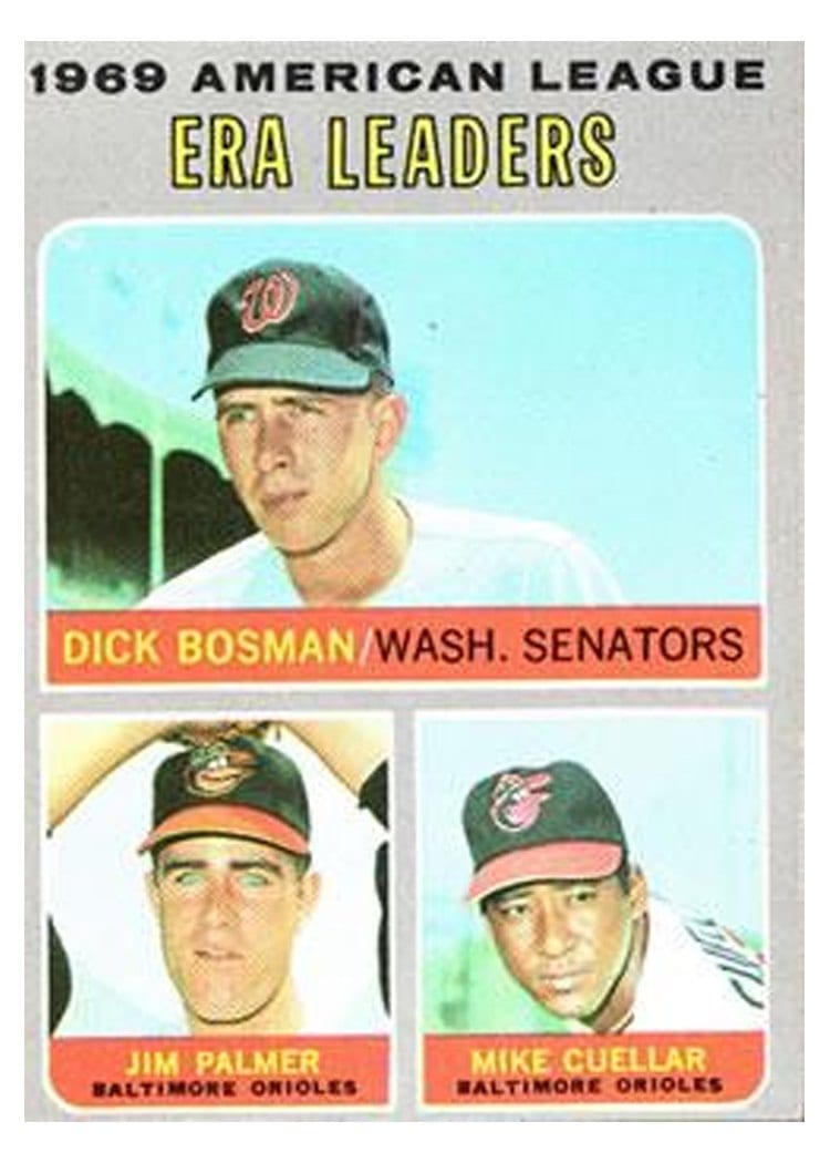 1970 Topps 1969 American League ERA Leaders: Dick Bosman / Jim Palmer / Mike Cuellar #68 card