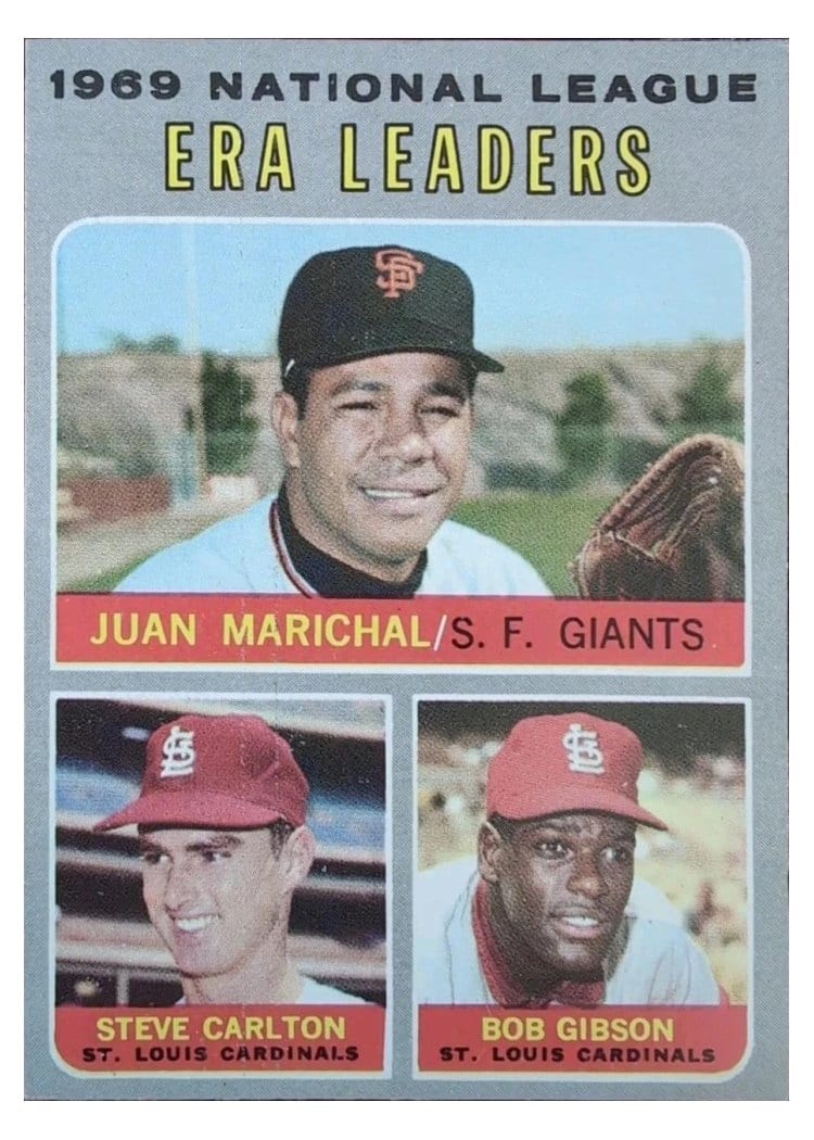 1970 Topps 1969 National League ERA Leaders: Juan Marichal / Steve Carlton / Bob Gibson #67 card