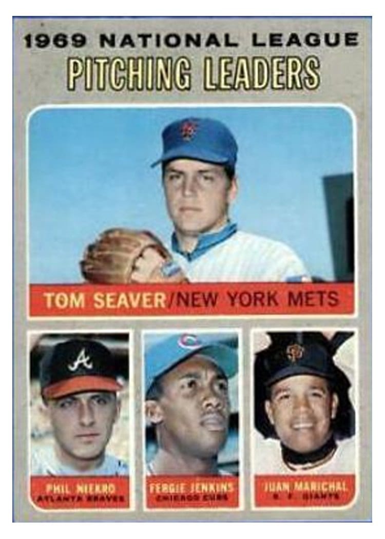 1970 Topps 1969 National League Pitching Leaders: Tom Seaver / Phil Niekro / Fergie Jenkins / Juan Marichal #69 card