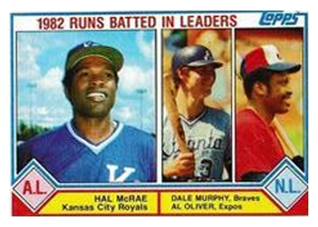 1983 Topps 1982 Runs Batted In Leaders: Hal McRae / Dale Murphy / Al Oliver #703 card