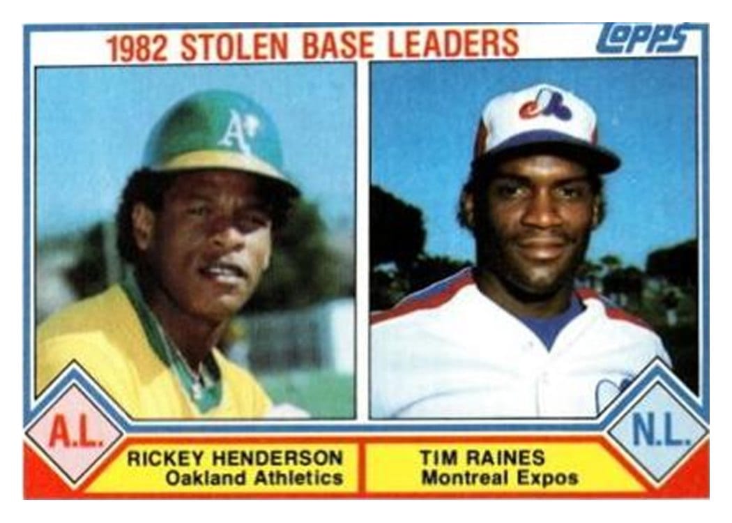1983 Topps 1982 Stolen Base Leaders: Rickey Henderson / Tim Raines #704 card
