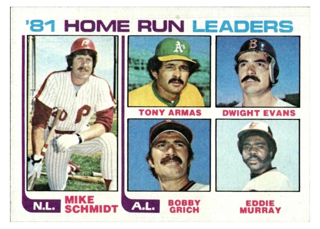 1982 Topps 81 Home Run Leaders: Mike Schmidt / Tony Armas / Dwight Evans / Bobby Grich / Eddie Murray #162 card