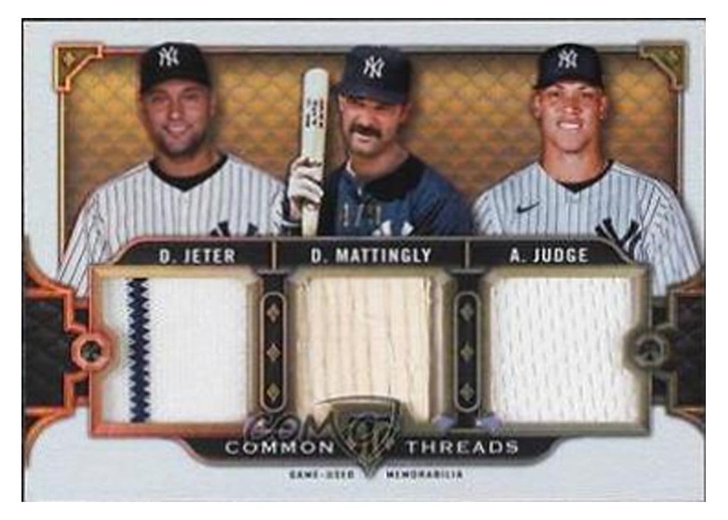 2022 Topps Triple Threads Common Threads Three Player Triple Relics Aaron Judge / Derek Jeter / Don Mattingly #CTTR-MJJ card