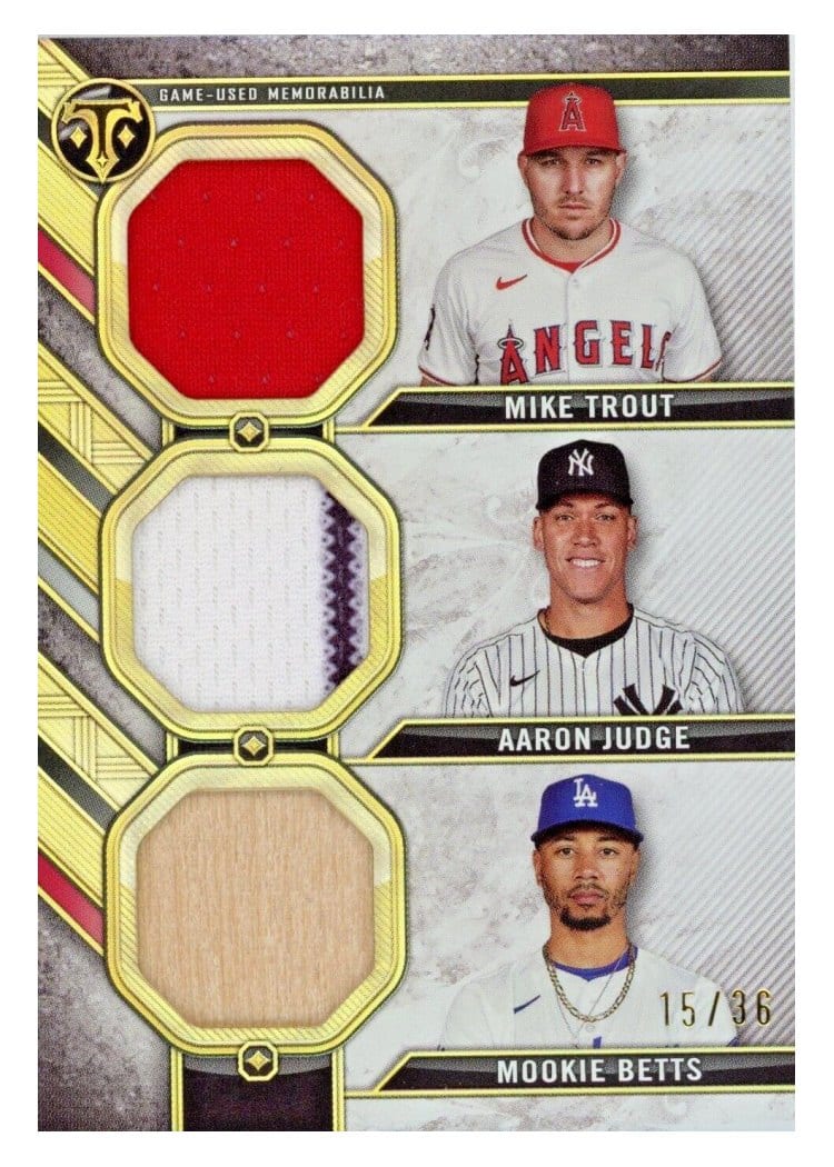 2024 Topps Triple Threads Relic Combo Aaron Judge / Mookie Betts / Mike Trout #RCC-TJB card