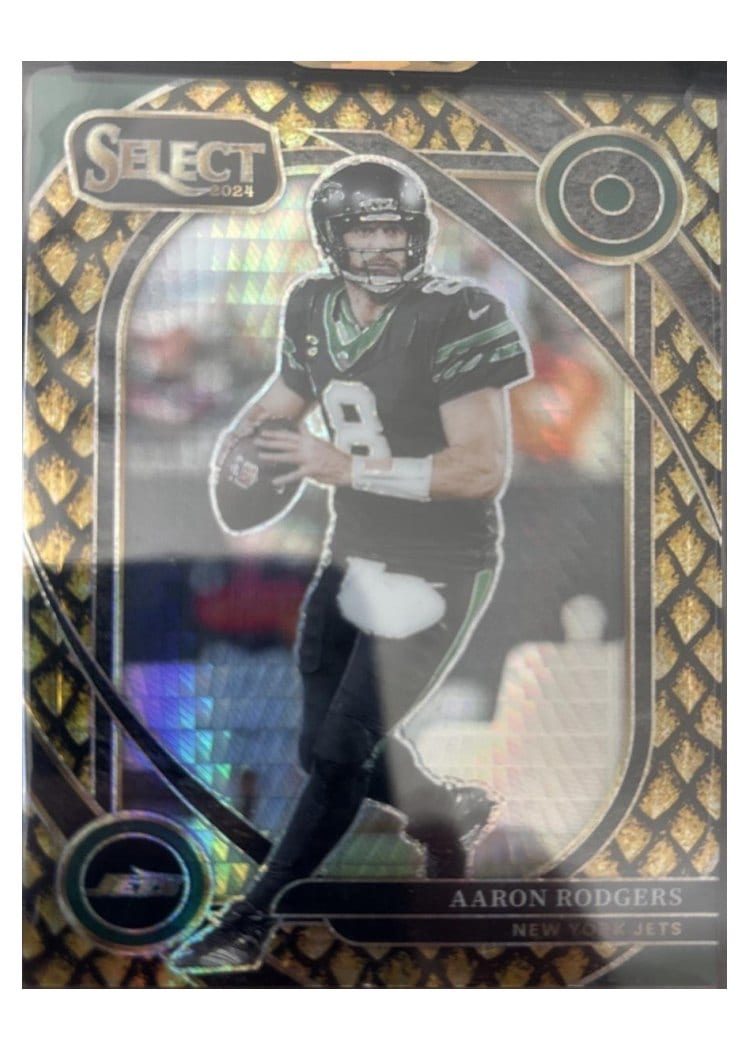 2024 Panini Select Base Set Aaron Rodgers Gold Dragon Scale Prizm #231 card