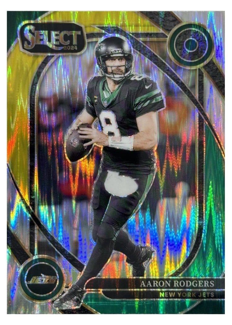 2024 Panini Select Base Set Aaron Rodgers Green Yellow Prizm Shock #231 card