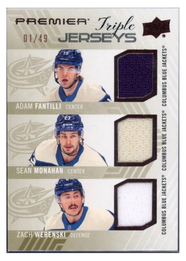 2024-25 Upper Deck Premier Premier Triple Jersey Adam Fantilli/Sean Monahan/Zach Werenski #PT-FMW card