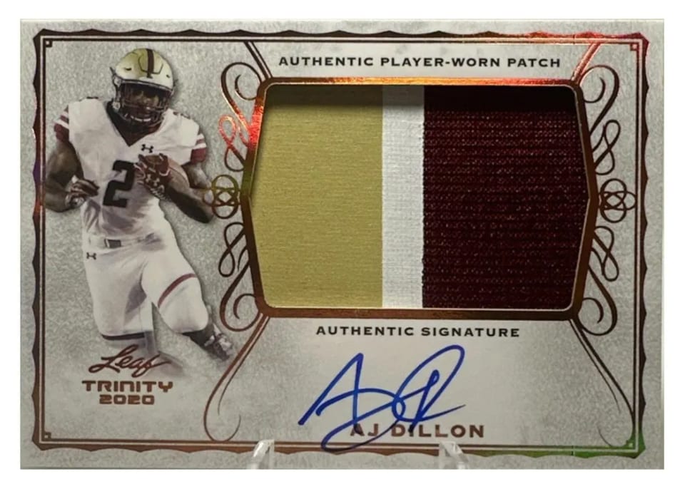 2020 Leaf Trinity Patch Autograph AJ Dillon #PA-AJD card
