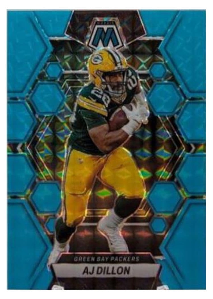 2023 Panini Mosaic Base Set AJ Dillon Blue Fluorescent #84 card