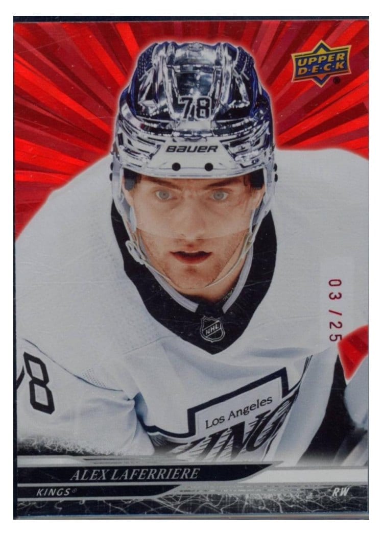 2024-25 Upper Deck Base Set Alex Laferriere Outburst Red #90 card