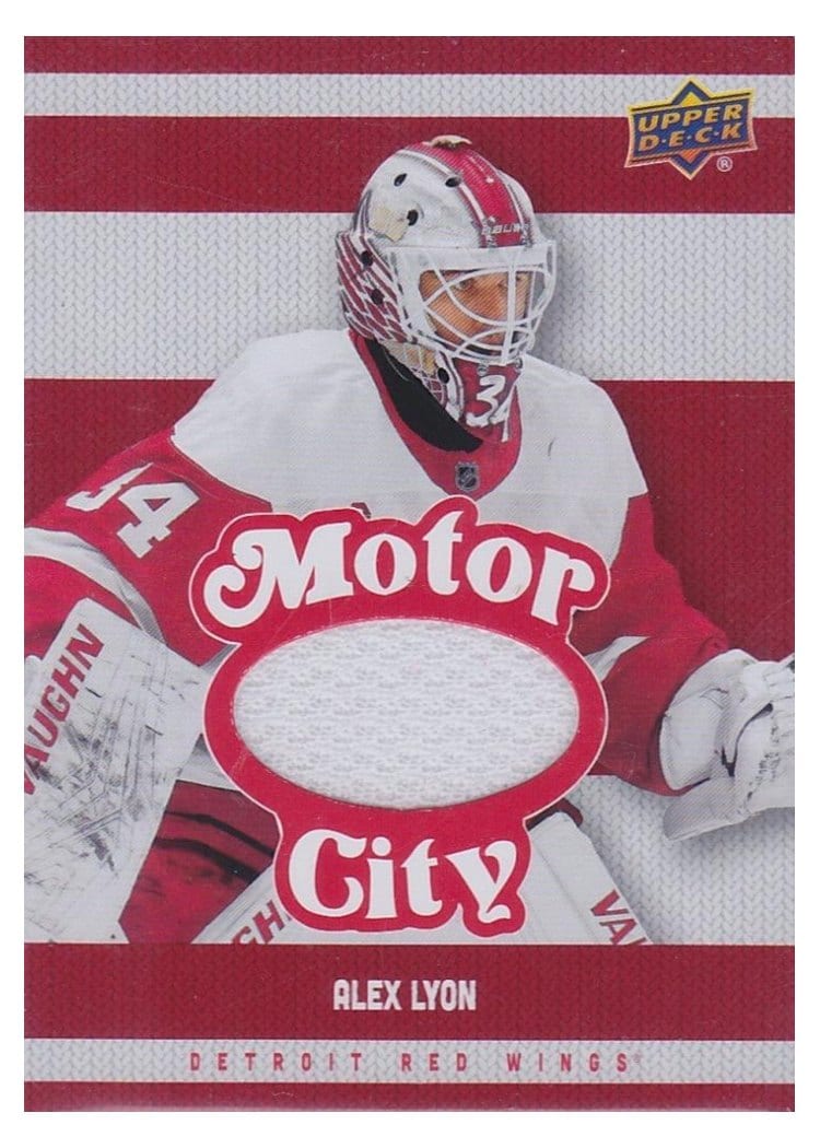 2025-26 Upper Deck Detroit Red Wings Centennial Motor City Premium Materials Alex Lyon #MCM-AL card