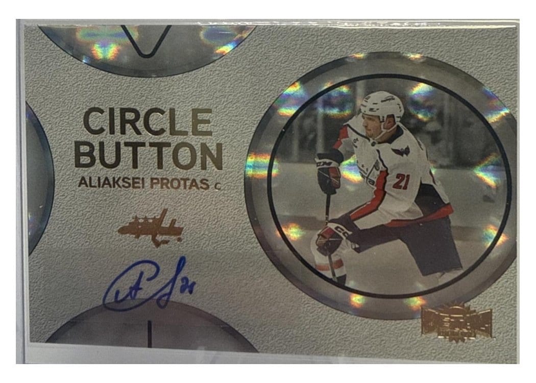 2025-26 SkyBox Metal Universe Circle Button Auto Aliaksei Protas #CB-19 card