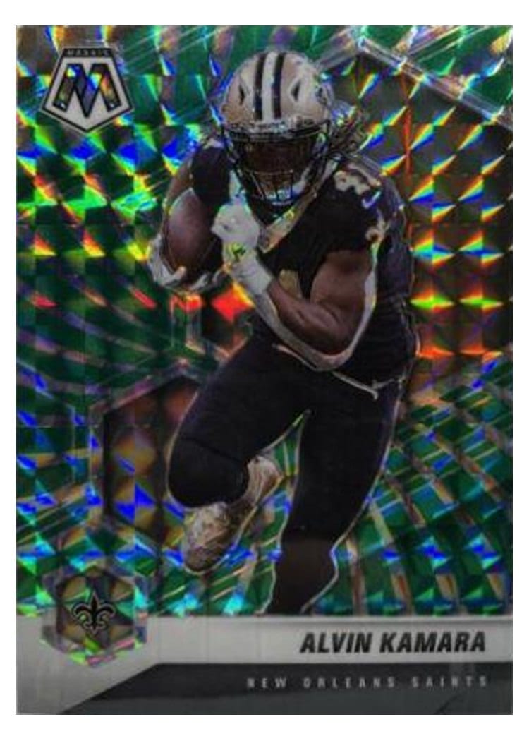 2021 Panini Mosaic Base Set Alvin Kamara Green Swirl Mosaic #146 card