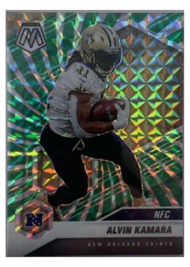 2021 Panini Mosaic Base Set Alvin Kamara Green Swirl Mosaic #213 card