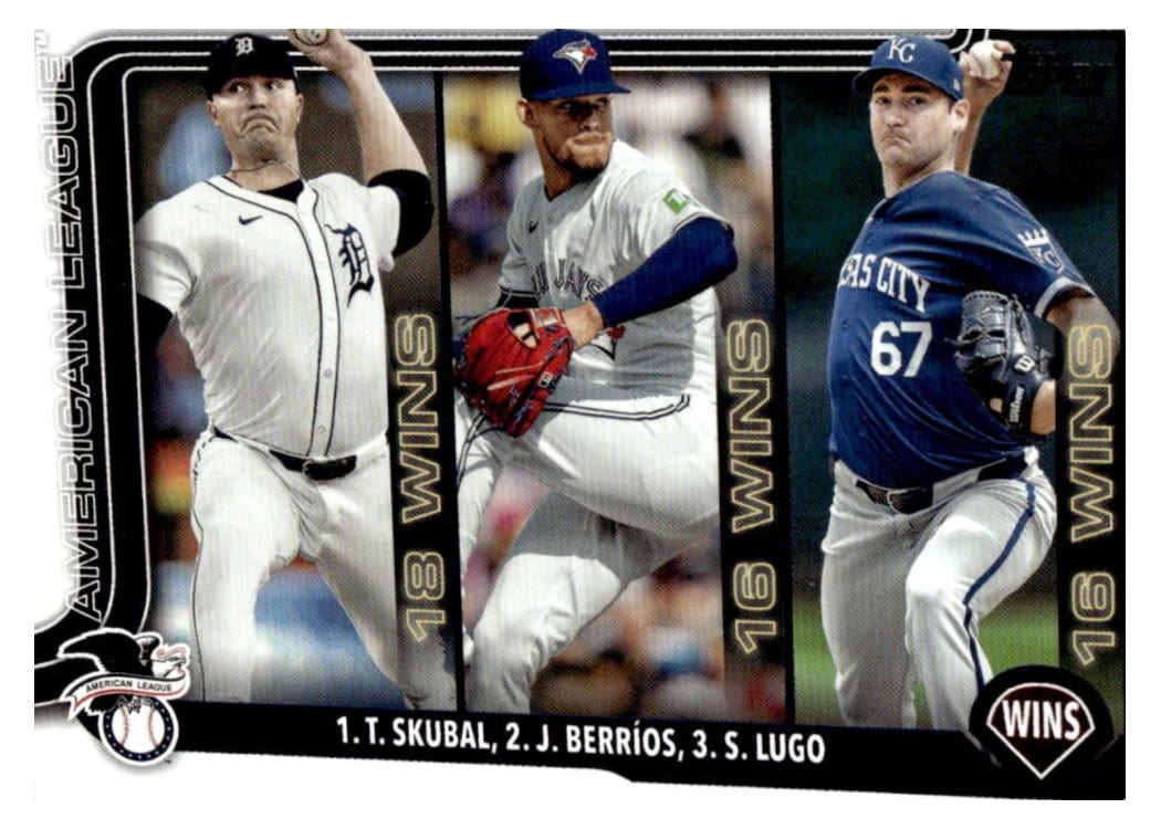 2025 Topps Base Set American League Leaders Wins (Tarik Skubal / José Berríos / Seth Lugo) #151 card