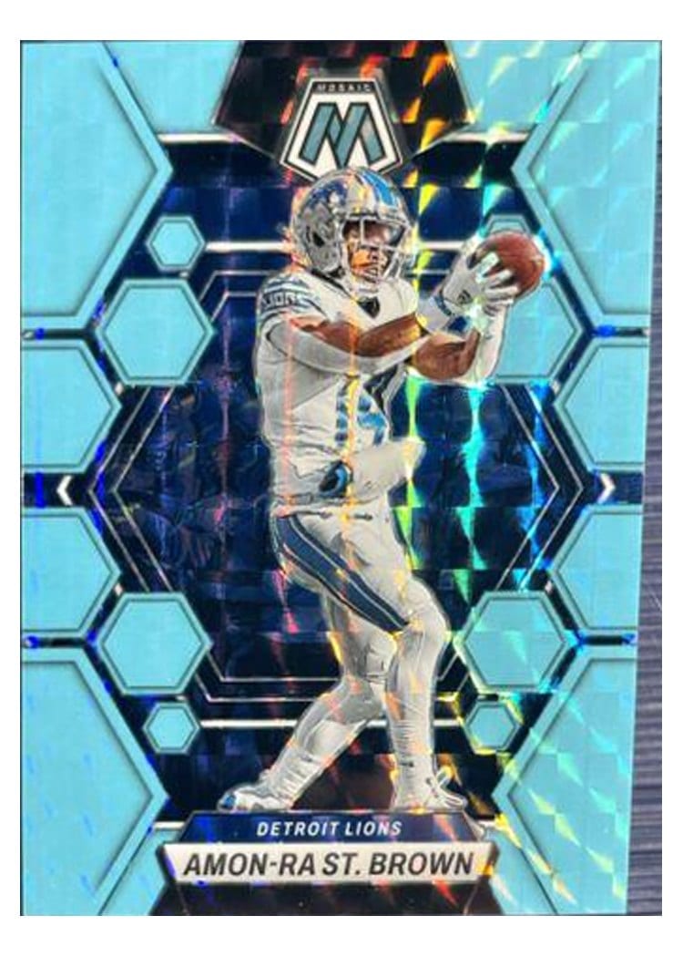 2023 Panini Mosaic Base Set Amon-Ra St. Brown Blue Fluorescent #186 card