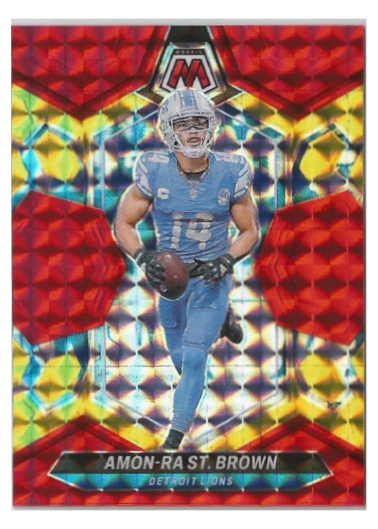 2024 Panini Mosaic Base Set Amon-Ra St. Brown Fusion Red Yellow Choice #74 card