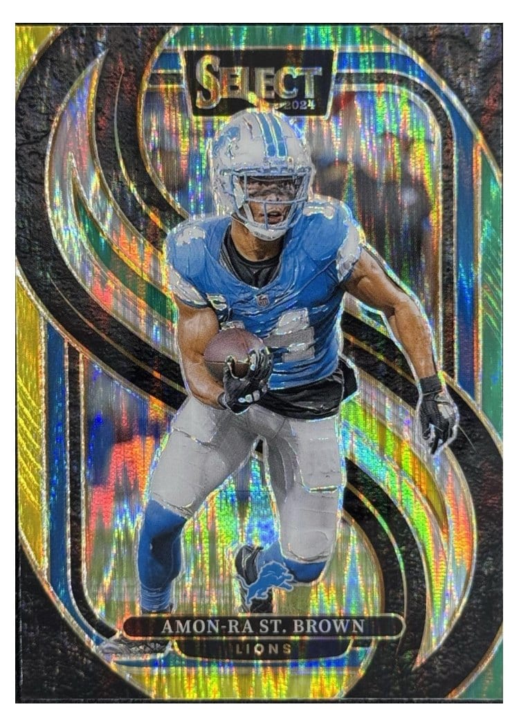 2024 Panini Select Base Set Amon-Ra St. Brown Green Yellow Prizm Shock #105 card