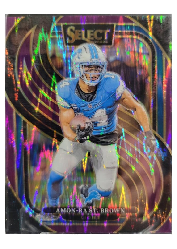 2024 Panini Select Base Set Amon-Ra St. Brown Purple Prizm Shock #105 card