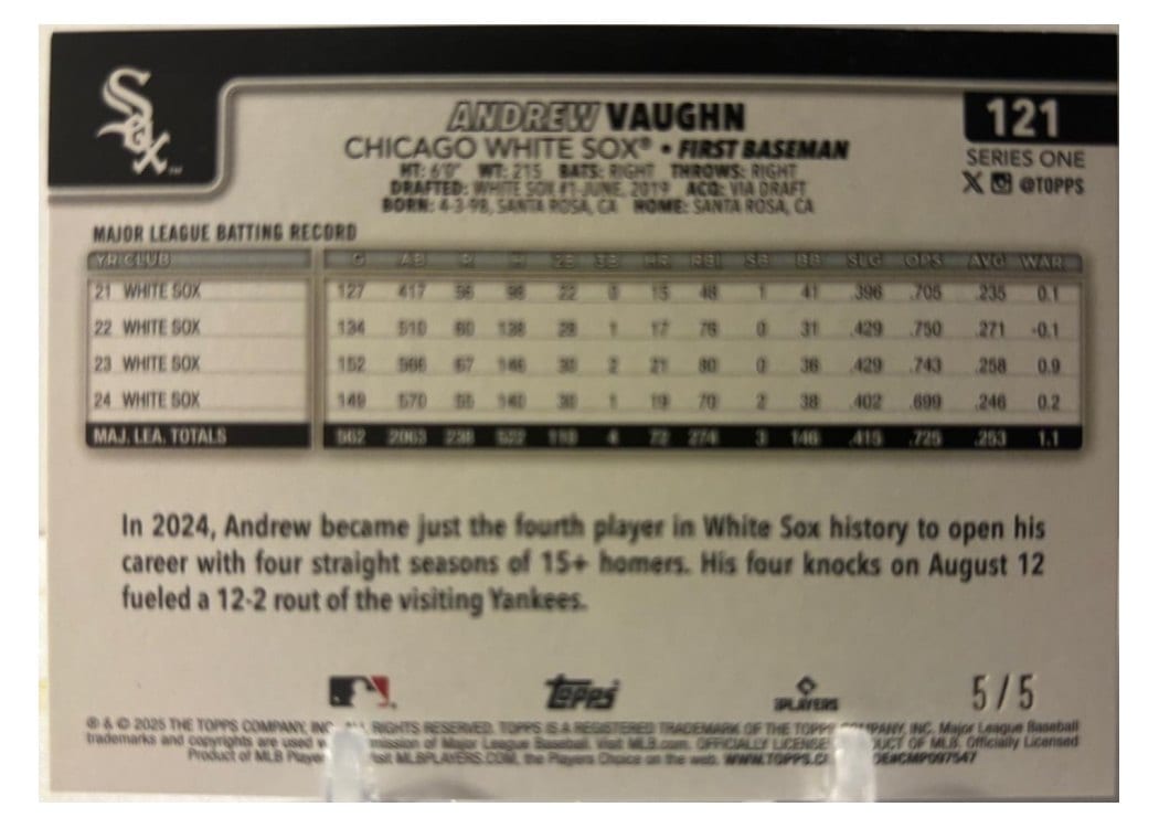 2025 Topps Base Set Andrew Vaughn #121 card