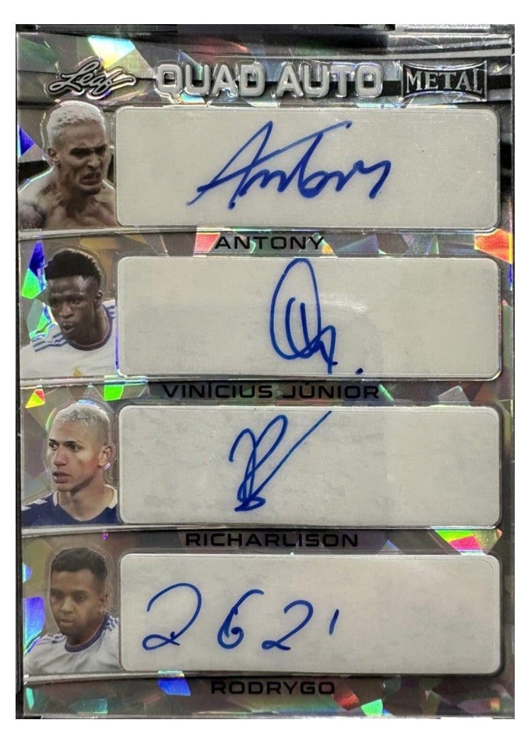2022 Leaf Metal Quad Autographs Antony, Vinicius Junior, Richarlison, Rodrygo Silver Crystal #QA-8 card