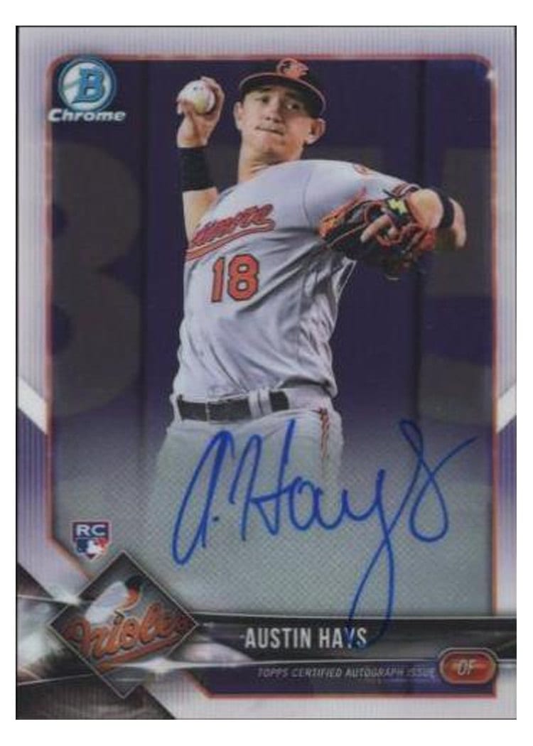2018 Bowman Chrome Rookie Autographs Austin Hays Atomic Refractor #CRA-AH card