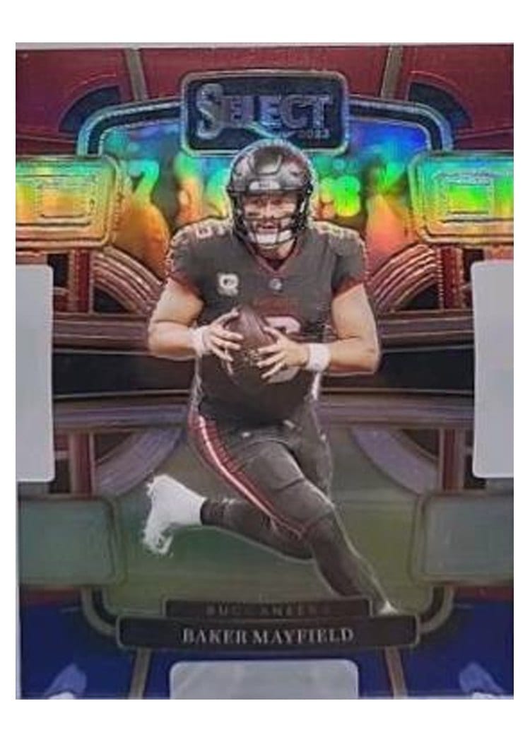 2023 Panini Select Base Set Baker Mayfield Red Blue Prizm Die-Cut #92 card