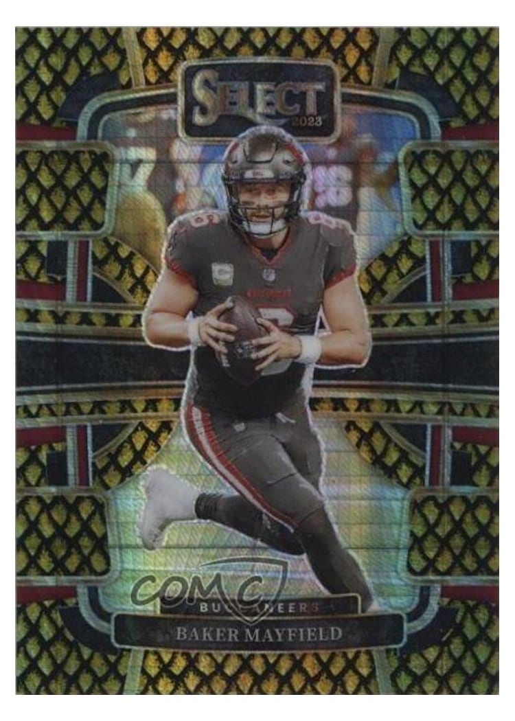 2023 Panini Select Base Set Baker Mayfield Dragon Scale Gold Prizm #92 card