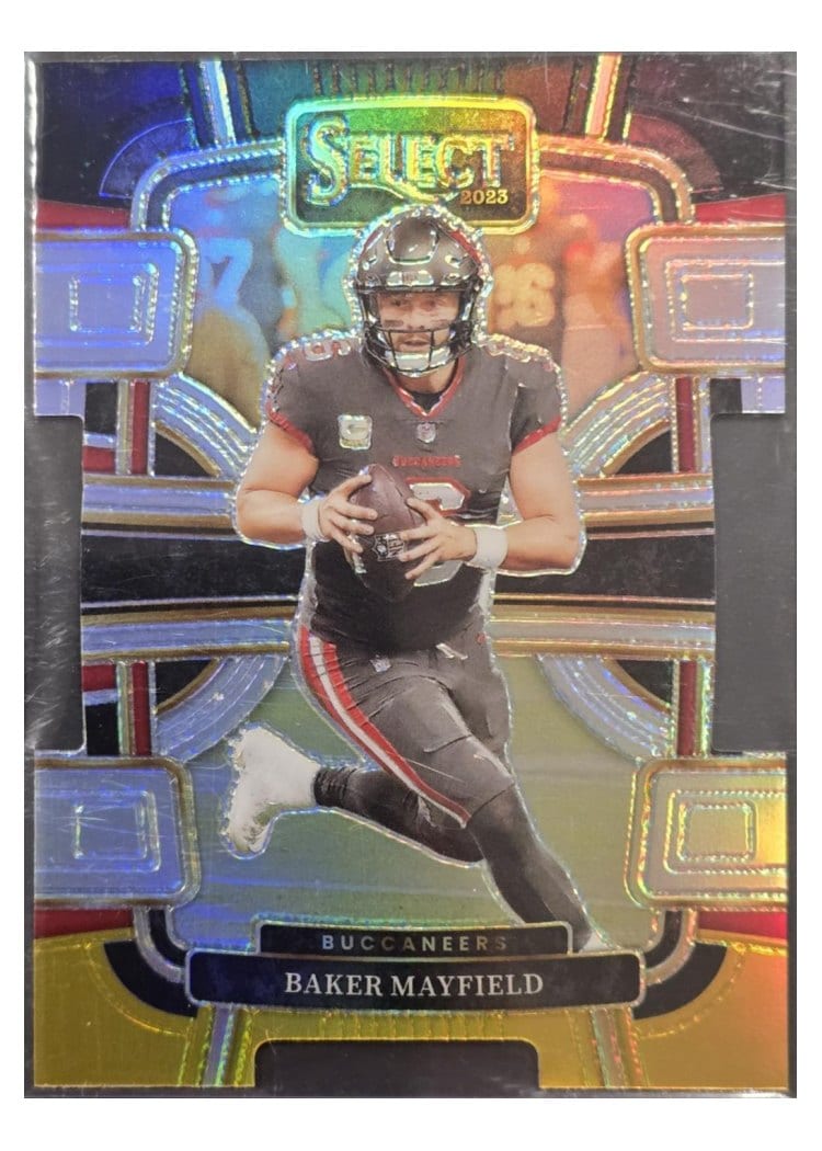 2023 Panini Select Base Set Baker Mayfield Gold Prizm Die-Cut #92 card