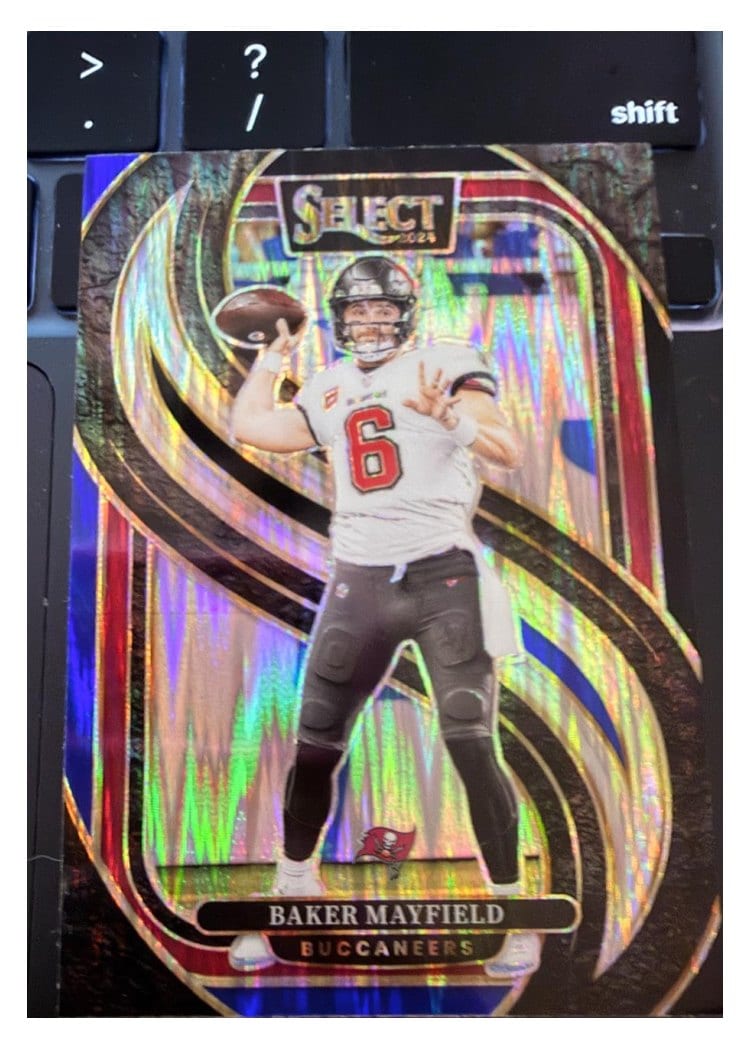2024 Panini Select Base Set Baker Mayfield Black Blue Prizm Shock #108 card