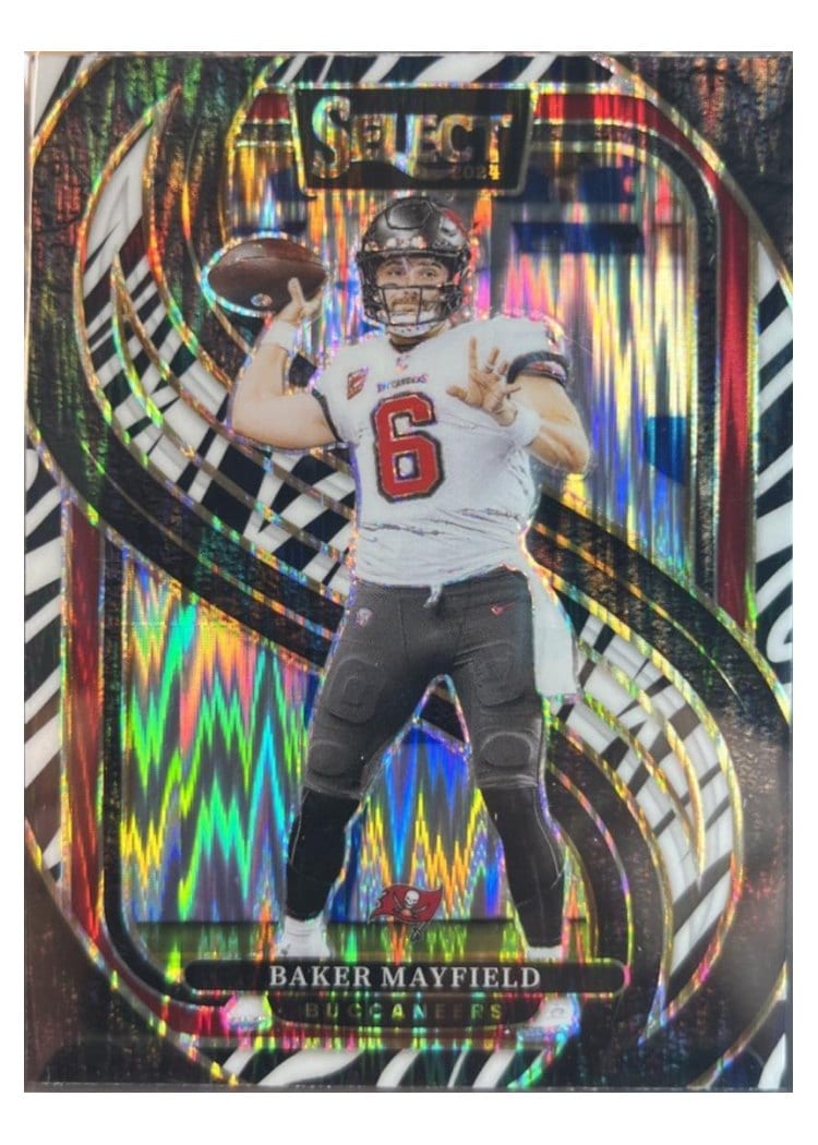 2024 Panini Select Base Set Baker Mayfield Zebra Prizm Shock #108 card