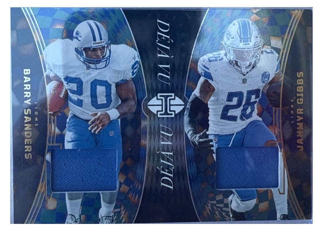 2024 Panini Illusions Deja Vu Dual Relics Barry Sanders/Jahmyr Gibbs #20 card