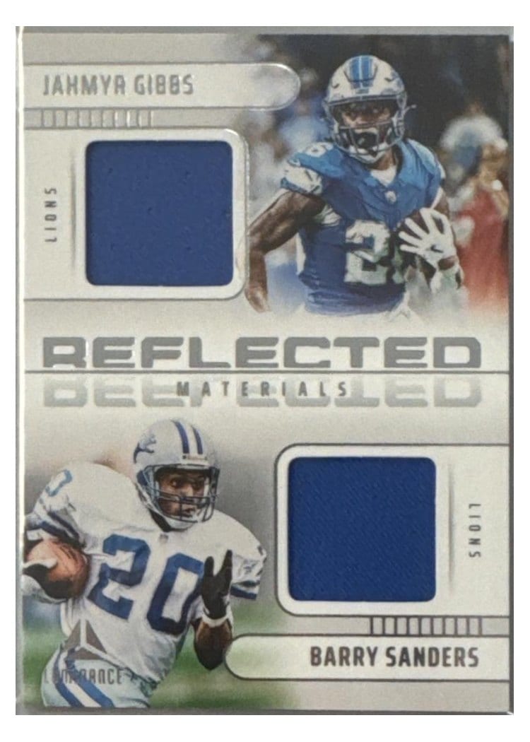 2025 Panini Luminance Reflected Materials Barry Sanders/Jahmyr Gibbs #8 card