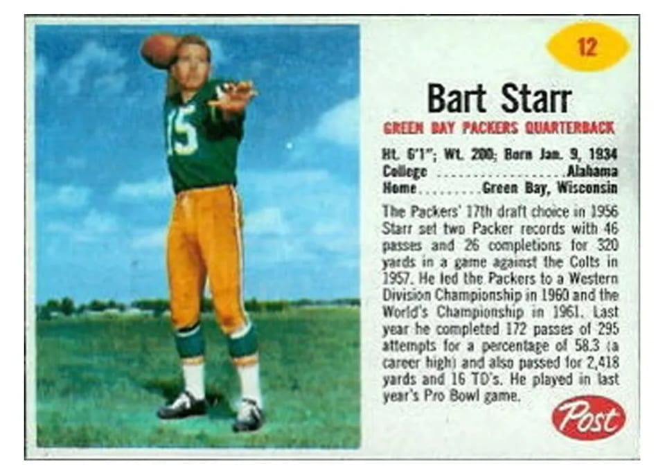 1962 Post Cereal Bart Starr #12 card