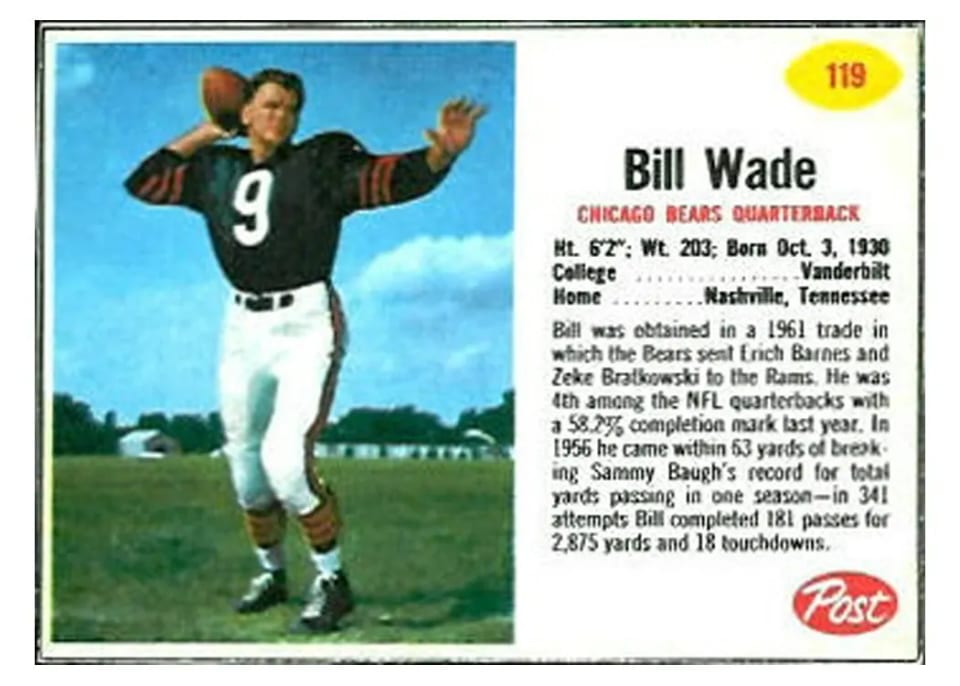 1962 Post Cereal Bill Wade #119 card
