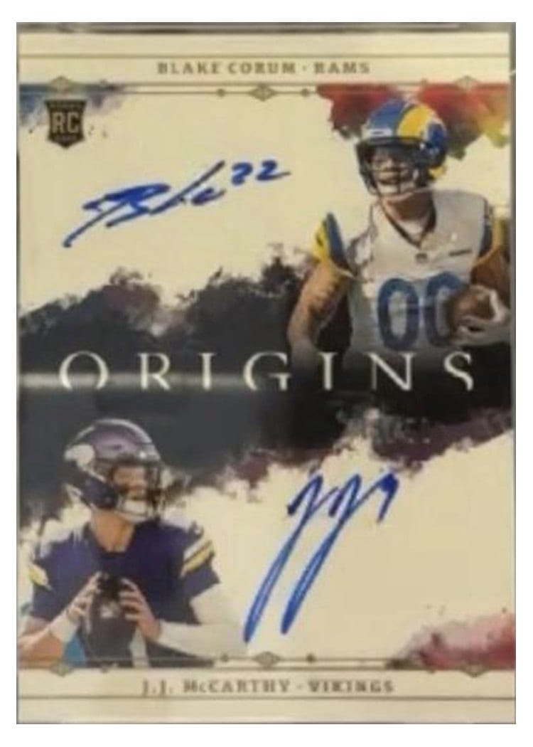 2024 Panini Origins Dual Rookie Autographs Blake Corum / J.J. McCarthy #DA-2 card
