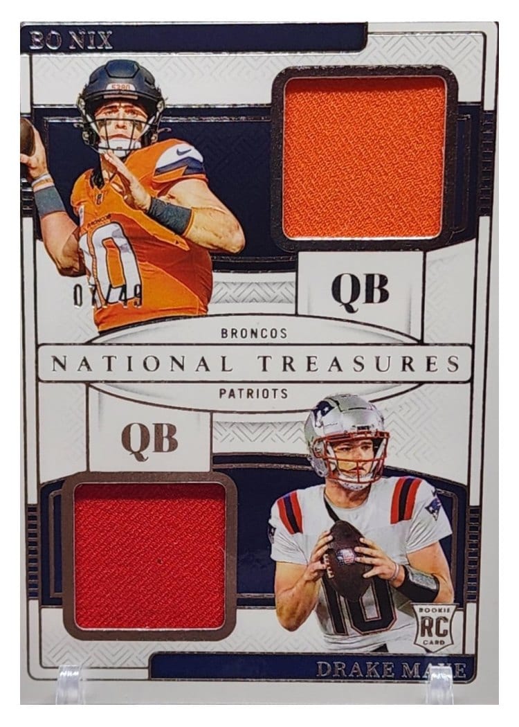 2024 Panini National Treasures Rookie NFL Gear Combo Materials Bo Nix/Drake Maye #3 card