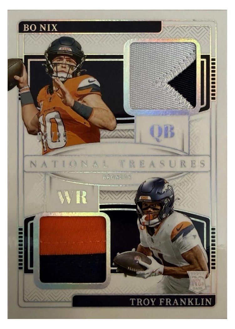 2024 Panini National Treasures Rookie NFL Gear Combo Materials Bo Nix/Troy Franklin #27 card