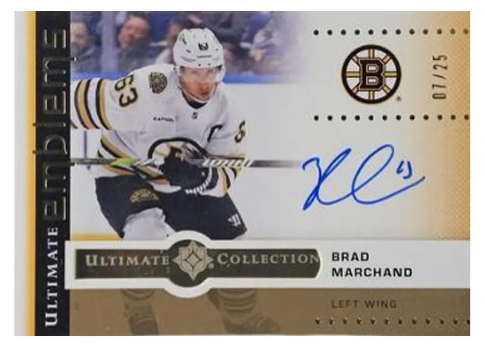 2024-25 Upper Deck Ultimate Collection Ultimate Emblems Autograph Brad Marchand #UE-BM card