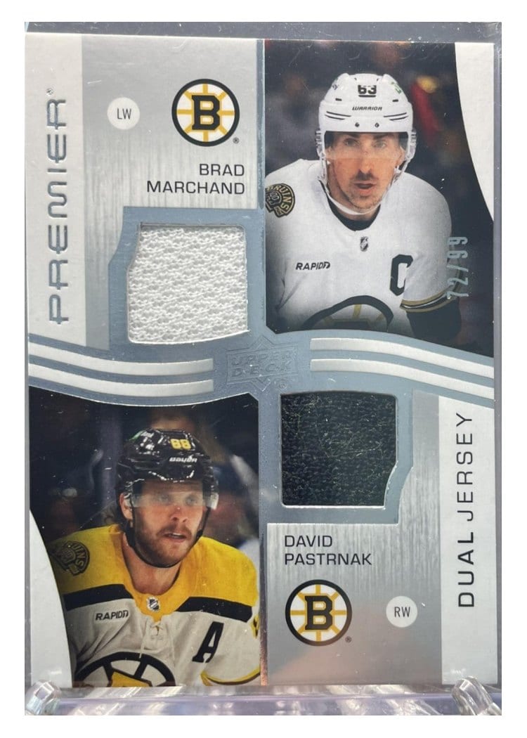 2023-24 Upper Deck Premier Premier Dual Jerseys Brad Marchand/David Pastrnak #PD-BMDP card