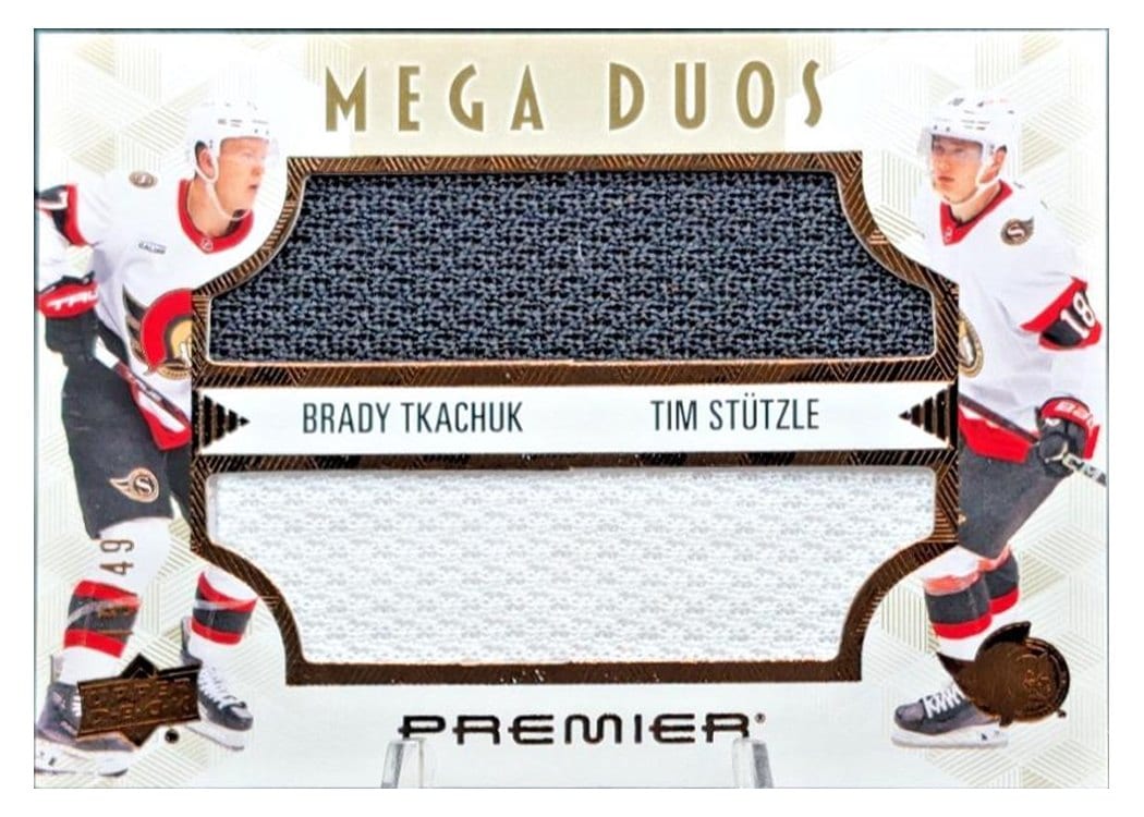2024-25 Upper Deck Premier Premier Mega Jersey Duos Brady Tkachuk/Tim Stutzle #PM2-TS card