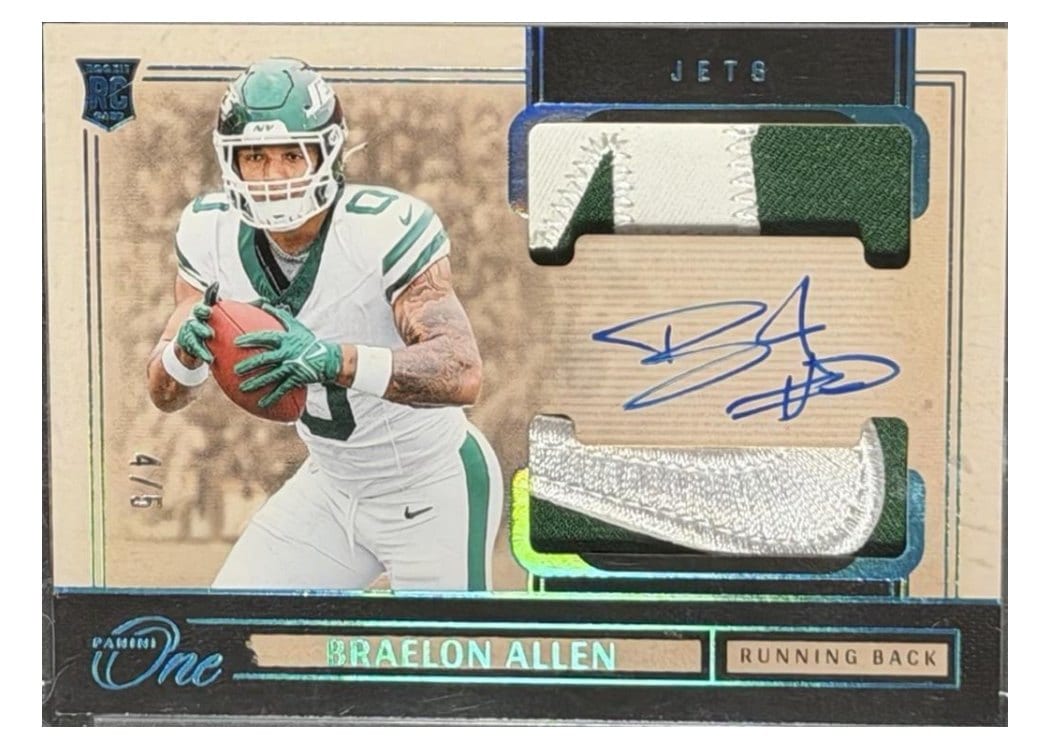 2024 Panini One Rookie Dual Patch Autographs Braelon Allen Platinum Rookie Dual Patch Autograph #43 card