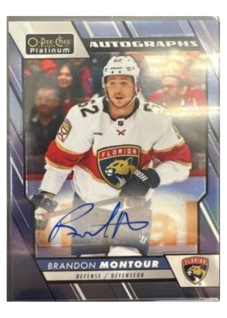 2023-24 O-Pee-Chee Platinum Blue Rainbow Autos Brandon Montour #BA-BM card