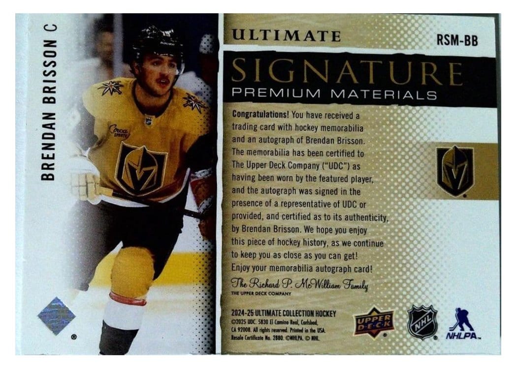 2024-25 Upper Deck Ultimate Collection Rookie Signature Premium Materials Brendan Brisson #RSM-BB card
