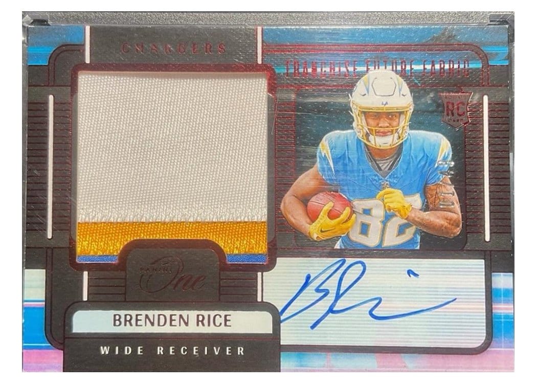 2024 Panini One Franchise Future Fabric Autographs Brenden Rice #97 card