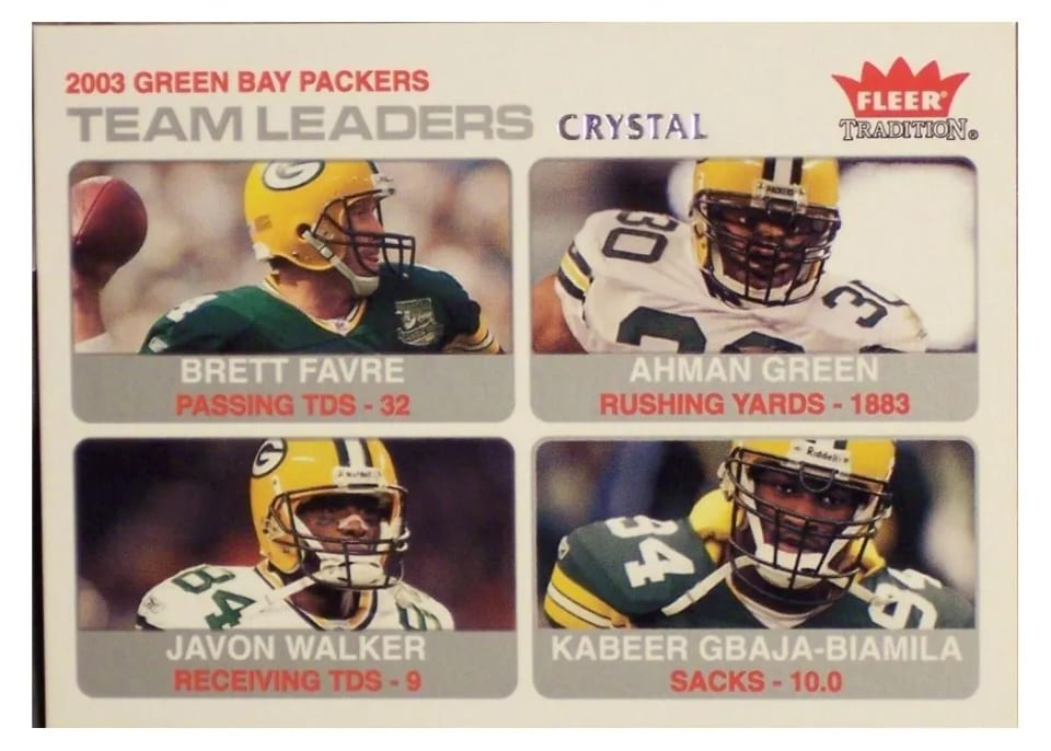 2004 Fleer Tradition Brett Favre, Ahman Green, Javon Walker, Kabeer Gbaja Biamila #22 card
