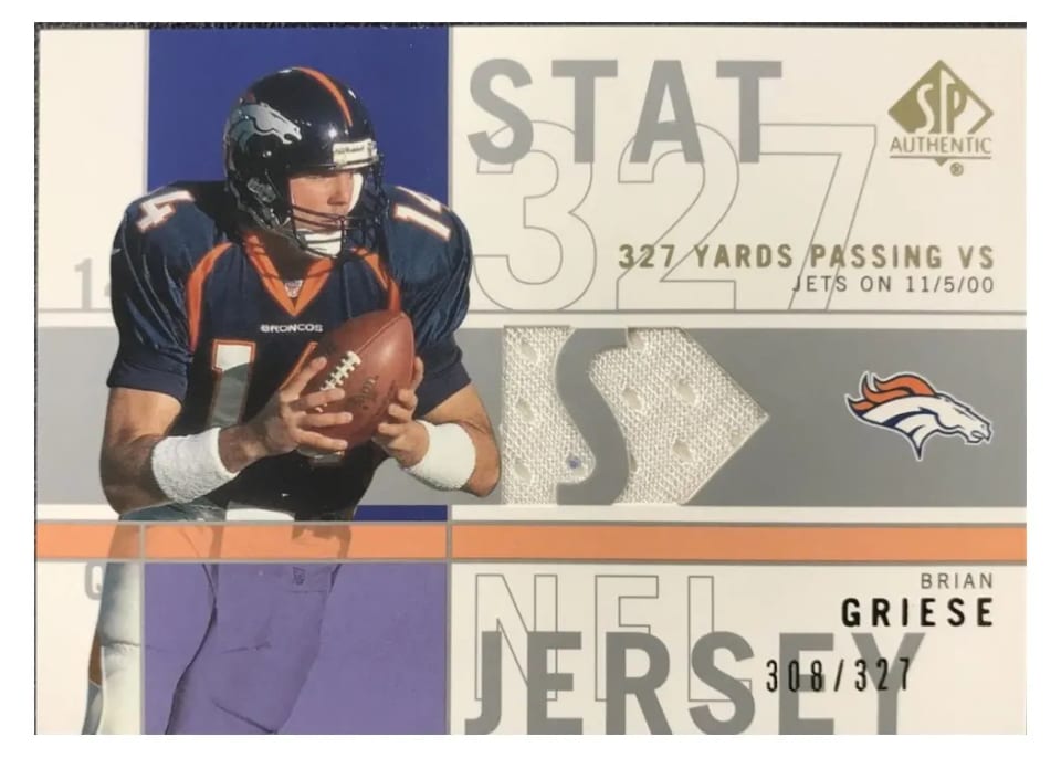 2001 SP Authentic Stat Jerseys Brian Griese 327 Yards Passing #SP-BG card