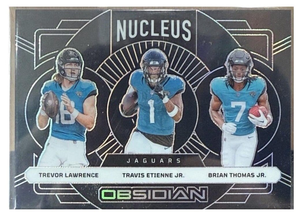 2024 Panini Obsidian Nucleus Brian Thomas Jr./Travis Etienne Jr./Trevor Lawrence #2 card