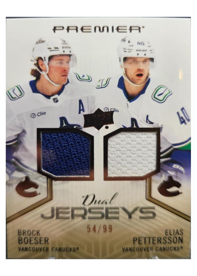 2024-25 Upper Deck Premier Premier Dual Jersey Brock Boeser/Elias Pettersson #PD-BP card