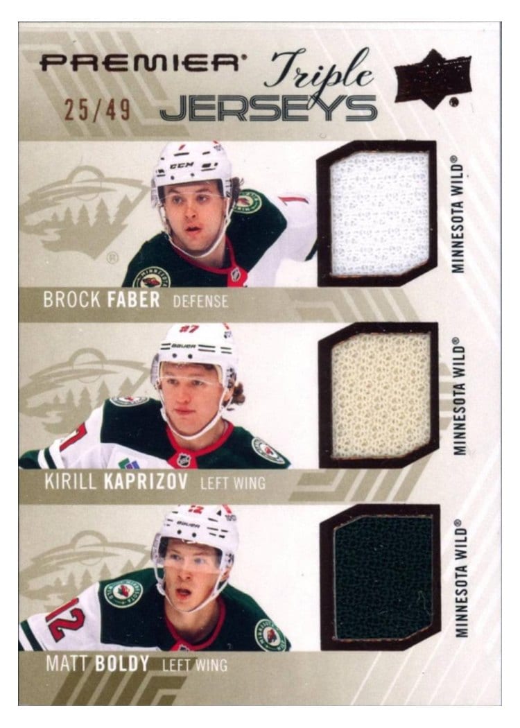 2024-25 Upper Deck Premier Premier Triple Jersey Brock Faber/Kirill Kaprizov/Matt Boldy #PT-FKB card